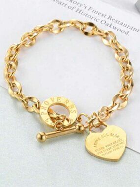 Gold Toggle Chain Bracelet with Heart Charm